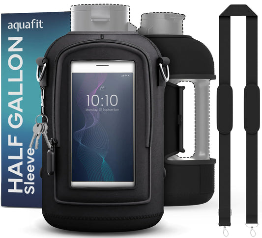 AQUAFIT Half Gallon Water Bottle Sleeve Neoprene 64 oz Water Bottle Sleeve with Adjustable Shoulder Strap and Pocket 64oz Water Bottle Sling Bag Water Jug Holder (Sleeve Only - No Bottle Black)