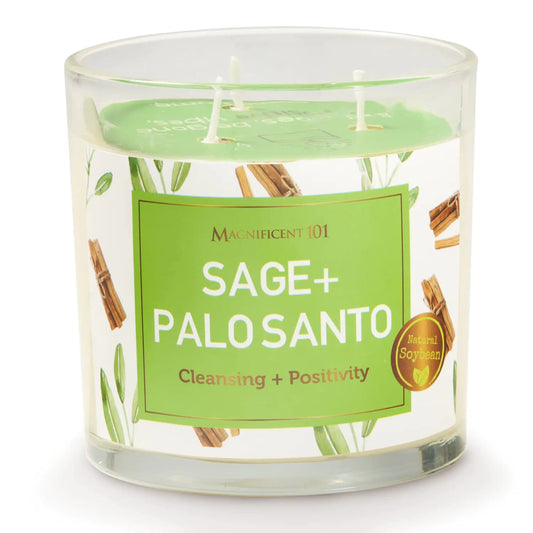Magnificent 101 Sage & Palo Santo Energy Cleansing Candle in 14-oz. Glass Holder: Made of Soy Wax for Smudging Aromatherapy Meditation Intention Setting; Housewarming Gift