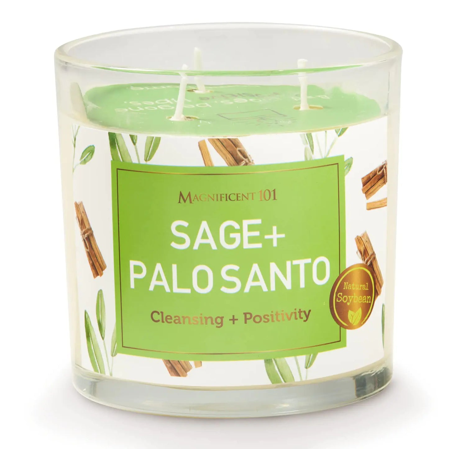 Magnificent 101 Sage & Palo Santo Energy Cleansing Candle in 14-oz. Glass Holder: Made of Soy Wax for Smudging Aromatherapy Meditation Intention Setting; Housewarming Gift